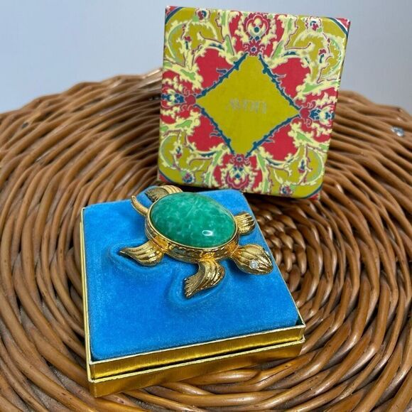 Avon‎ Gold Tone Sea Turtle Mottled Green Cabochon Solid Holder Trinket Lip New - Picture 7 of 7